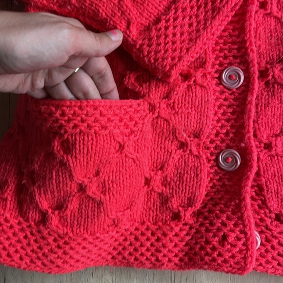 Vintage Vtg Handmade Knit Cardigan Sweater w/ Pockets Neon Coral Crochet - Picture 2 of 5